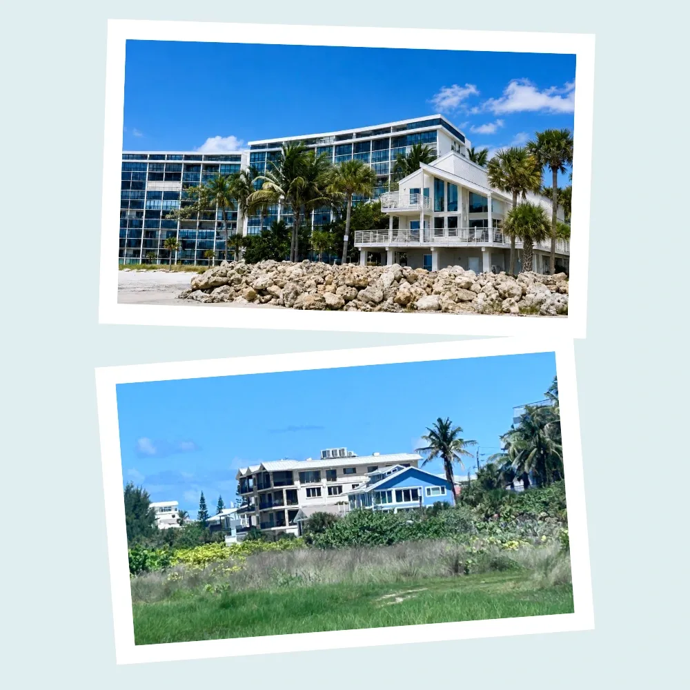 Beachfront condo building and Gulf-front homes on the Sarasota Suncoast, the kind of properties Shore Fix It maintains